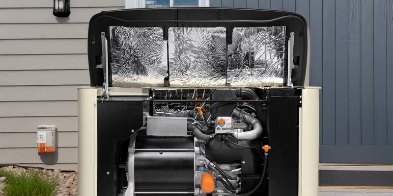 An open standby generator cabinet showing the engine, a peek inside the reliable whole home backup power units GLE installs.